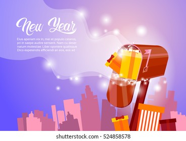 Mail Box With Present Happy New Year Merry Christmas Greeting Card Banner Flat Vector Illustration