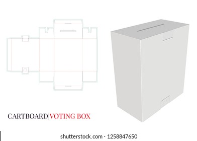 Mail Box Template, Vector with die cut / laser cut lines. Cardboard Voting Box, Massage Box. White, clear, blank, isolated Voting Box mock up on white background, perspective view. Packaging Design