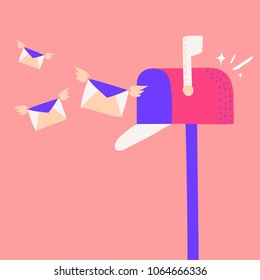 Mail box vector illustration in the flat style. Red mail box post. Open mail box with an envelope on the cover isolated from background.