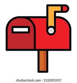Mail box vector illustration in the flat style. Open red mail box with an envelope on the cover isolated from background.