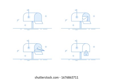 Mail box vector illustration in flat line style isolated from background. Set includes mail box with an envelope, empty and locked mail box.