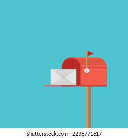 Mail box vector illustration in the flat style. Open red mail box with an envelope 