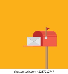 Mail box vector illustration in the flat style. Open red mail box with an envelope 