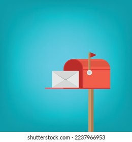 Mail box vector illustration in the flat style. Open red mail box with an envelope 