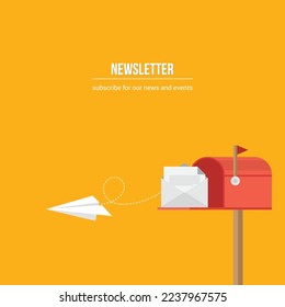 Mail box vector illustration in the flat style. Open red mail box with an envelope 