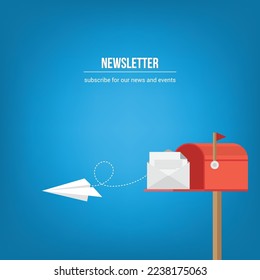 Mail box vector illustration in the flat style. Open red mail box with an envelope 