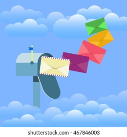 Mail box vector illustration in the flat style.  Open mail box with an envelopes on the cover isolated from background