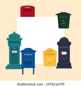 Mail box vector illustration with space for text banner. Post mailbox or postal letterbox of American or European mailing and set of postboxes for delivery mailed letters.