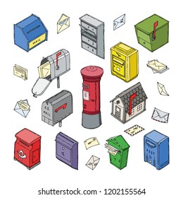 Mail box vector post mailbox or postal mailing letterbox with envelops illustration set of isometric postboxes for delivery mailed letters isolated on white background