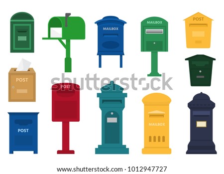 Mail box vector post mailbox or postal letterbox of American or European mailing and set of postboxes for delivery mailed letters to various countries illustration isolated on white background