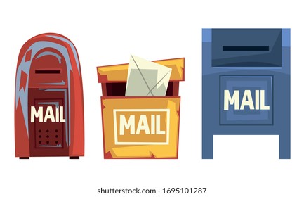 Mail Boxes Collection, Post Mailbox for Delivery Letters and Newspapers Vector Illustration