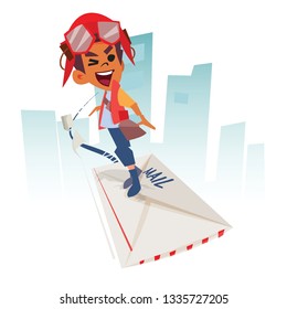 Mail boy or  delivery man stand and flying on envelope. delivery man character design - vector illustration