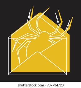 Mail bug icon in doodle style vector illustration for design and web isolated on black background. Mail bug vector object for label and advertising