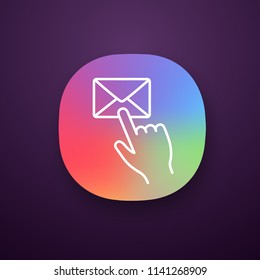 Mail button click app icon. SMS. Email app. Messenger. Hand pressing email button. UI/UX user interface. Web or mobile applications. Vector isolated illustration