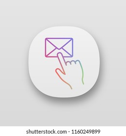 Mail button click app icon. SMS. Email app. Messenger. Hand pressing email button. UI/UX user interface. Web or mobile application. Vector isolated illustration