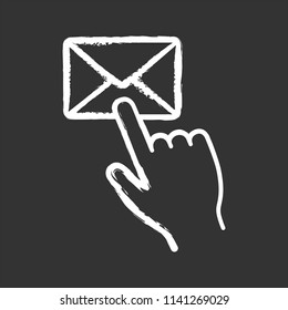 Mail button click chalk icon. SMS. Email app. Messenger. Hand pressing email button. Isolated vector chalkboard illustrations