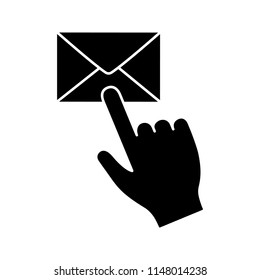 Mail button click glyph icon. SMS. Email app. Messenger. Hand pressing email button. Silhouette symbol. Negative space. Vector isolated illustration