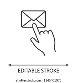 Mail button click linear icon. SMS. Email app. Messenger. Hand pressing email button. Thin line illustration. Contour symbol. Vector isolated outline drawing. Editable stroke