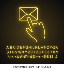 Mail button click neon light icon. SMS. Email app. Messenger. Hand pressing email button. Glowing sign with alphabet, numbers and symbols. Vector isolated illustration