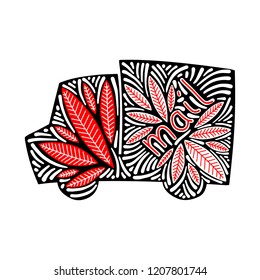 Mail car illustration with text. Hand drawn vector isolated on white background