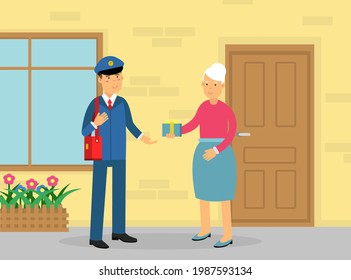 Mail Carrier Or Mailman As Employee Of Postal Service Delivering Gift Box To Senior Woman Vector Illustration