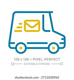 Mail carrier van pixel perfecto icono de línea de dos colores. Camión de la entrega, transporte del paquete. Símbolo de contorno bicolor del vehículo de envío. Pictograma lineal duotono. Ilustración aislada. Trazo editable