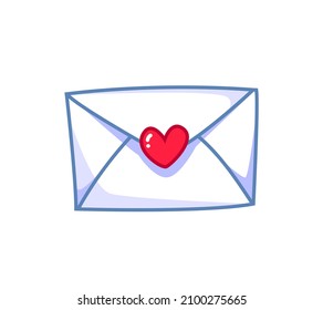 Mail cartoon envelope with red heart stamp. Vector cute illustration with outline. Love and Valentine's Day symbol
