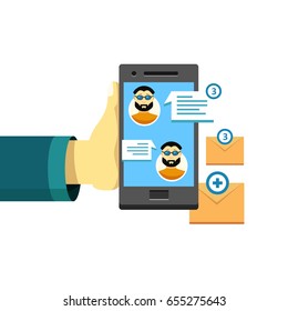Mail and chat service illustration. Icons of dialog and users in flat style