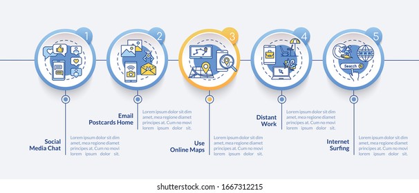 Mail and chats vector infographic template. Internet surfing, maps and work presentation design elements. Data visualization with 5 steps. Process timeline chart. Workflow layout with linear icons