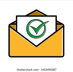 Mail and check mark. Round green tick icon, checkmark. Successful update, accept, ok button, task completed concepts. 
