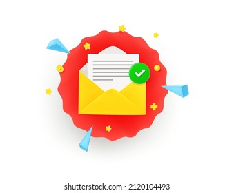 Mail with checkmark. Vector insignia isolated on white background. 3d vector illustration