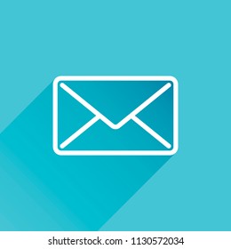 mail close icon. Gray icon with long shadow in bottom left corner on blue background