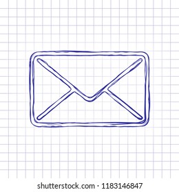 mail close icon. Hand drawn picture on paper sheet. Blue ink, outline sketch style. Doodle on checkered background