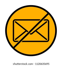 mail close icon. not allowed, black object in warning sign with orange background color