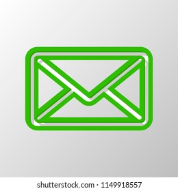 mail close icon. Paper style. Cut symbol with green bold contour on shape and simple shadow