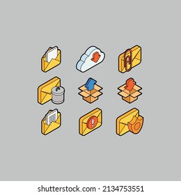 Iconos de color de contorno isométrico de correo y nube 3D