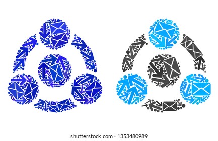 Mail collaboration icon mosaic of envelopes and arrows with blue color. Abstract vector collaboration illustration is composed with mail routes symbols. Flat design for letters delivery posters.