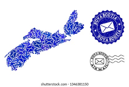 Mail collage of blue mosaic map of Nova Scotia Province and unclean stamp seals. Vector seals with grunge rubber texture with Airmail text and envelope symbols.