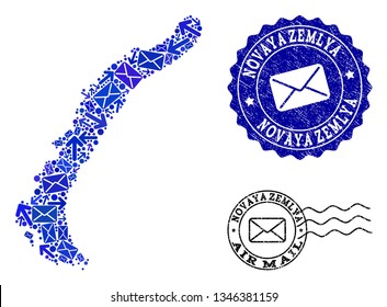 Mail collage of blue mosaic map of Novaya Zemlya Islands and corroded seals. Vector seals with grunge rubber texture with Airmail text and envelope symbols.