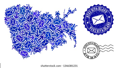 Mail collage of blue mosaic map of Nuku Hiva Island and corroded stamps. Vector seals with corroded rubber texture with Airmail slogan and envelope symbols. Flat design for letters routes templates.