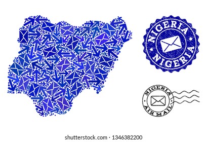 Mail collage of blue mosaic map of Nigeria and unclean stamp seals. Vector watermarks with distress rubber texture with Airmail text and envelope symbols. Flat design for mail motion templates.