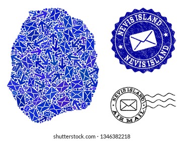 Mail collage of blue mosaic map of Nevis Island and dirty seals. Vector seals with distress rubber texture with Airmail title and envelope symbols. Flat design for letters motion posters.