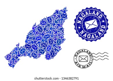 Mail collage of blue mosaic map of Nagaland State and unclean stamp seals. Vector imprints with unclean rubber texture with Airmail title and envelope symbols.