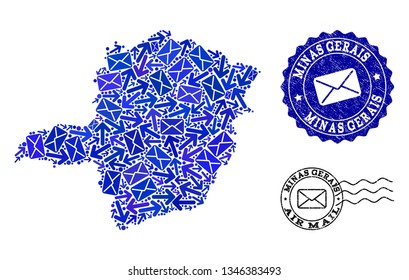 Mail collage of blue mosaic map of Minas Gerais State and scratched stamps. Vector watermarks with scratched rubber texture with Airmail text and envelope symbols.