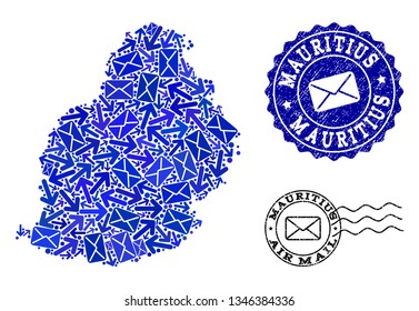 Mail collage of blue mosaic map of Mauritius Island and corroded seals. Vector seals with grunge rubber texture with Airmail slogan and envelope symbols. Flat design for letters traffic purposes.