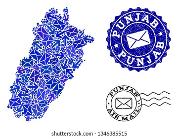 Mail collage of blue mosaic map of Punjab Province and unclean seals. Vector seals with scratched rubber texture with Airmail caption and envelope symbols.