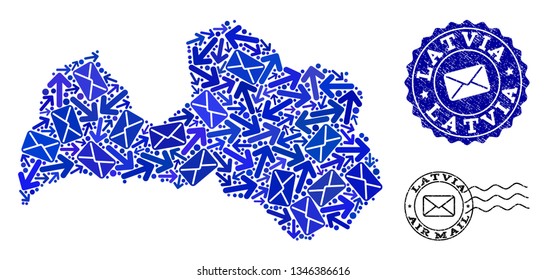 Mail collage of blue mosaic map of Latvia and dirty stamp seals. Vector seals with scratched rubber texture with Airmail title and envelope symbols. Flat design for mail movement templates.