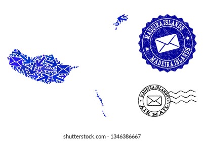 Mail collage of blue mosaic map of Madeira Islands and scratched seals. Vector seals with scratched rubber texture with Airmail slogan and envelope symbols. Flat design for messages movement posters.