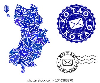 Mail collage of blue mosaic map of Ko Tao and scratched stamp seals. Vector seals with scratched rubber texture with Airmail text and envelope symbols. Flat design for mail traffic illustrations.