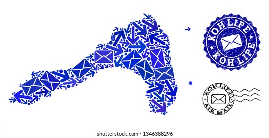 Mail collage of blue mosaic map of Koh Lipe and unclean stamp seals. Vector seals with grunge rubber texture with Airmail title and envelope symbols. Flat design for correspondence ways templates.